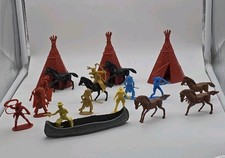 Vtg Cowboys Indians Figure Lot Of 19 Marx Tim Mee TeePee Canoe