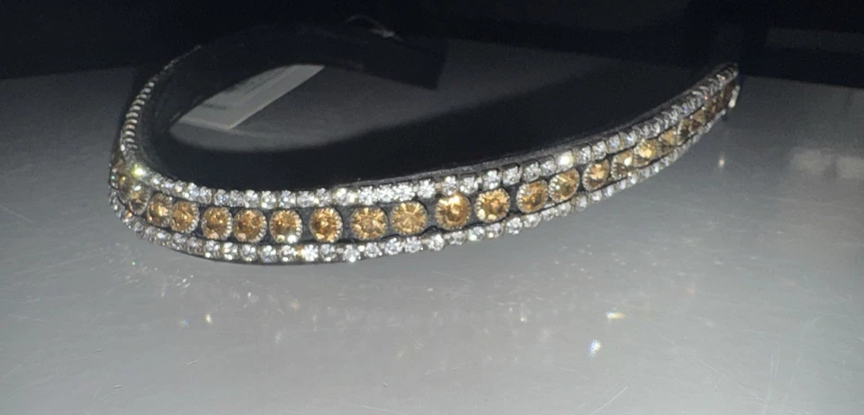 Pulseira Horze Reims Pony couro preto dourado e curva de cristal transparente $149 nova com etiquetas - Imagem 2 de 4