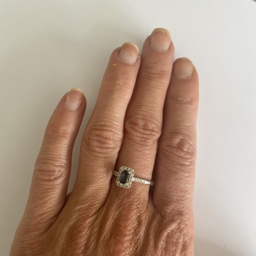 9ct White Gold Sapphire Emerald Cut Halo Ring - Picture 4 of 6