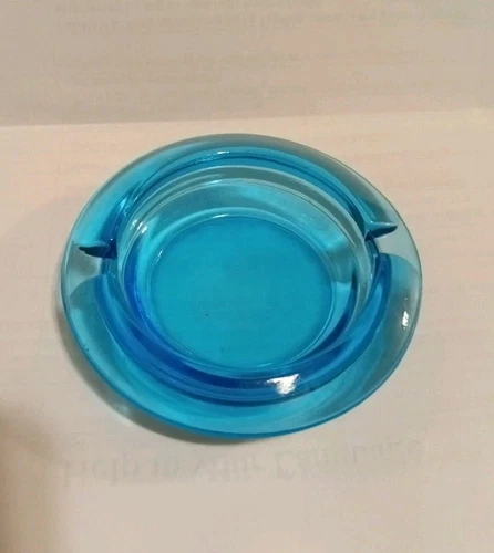 Vintage MCM Retro Small Blue Pressed Glass 2-Slot Ashtray 3.5 inch