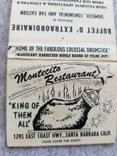 Montecito Restaurant Santa Barbara CA Buffet Vtg 2" FS Matchbook Cover