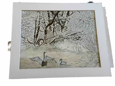 Mark Leary Kunst Aquarell Gemälde Schnee Schwanensee
