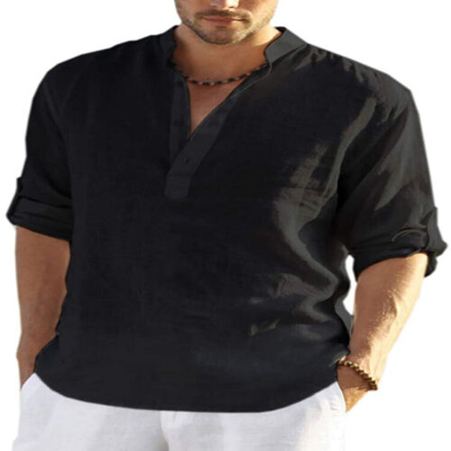 Mens Cotton Linen Long Sleeve Shirt Solid Loose Blouse Button Down Tops T Shirt - Picture 14 of 26