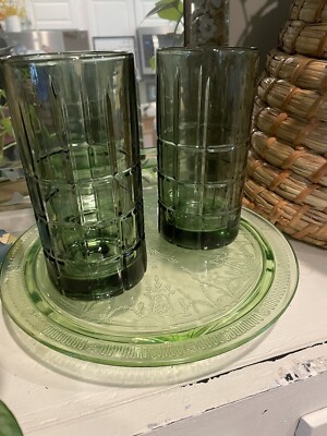 6 Vtg Mid Century Mod Anchor Hocking Dark Green Waffle Glass High Ball Tumbler