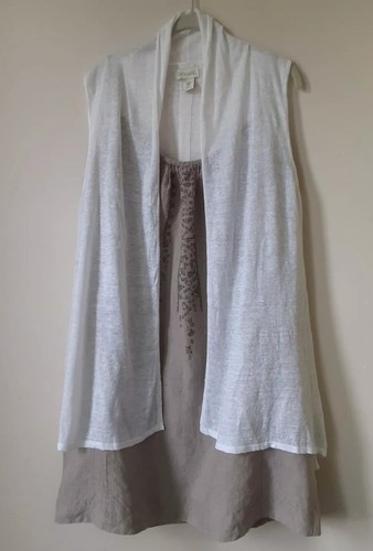 Lucy & Laurel M 100% Linen Knit White Open Vest Long Cardigan Sleeveless Women's - Picture 3 of 24