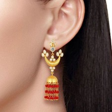 Red Coral Gemstone Beaded Jhumka 18k Gold Plated Handmade Earrings Jewelry