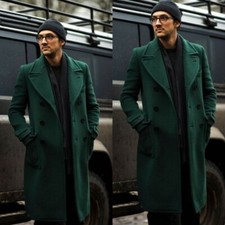 Green Cashmere Men's Long Overcoat Double Breasted Business Outdoor Wear Coats
