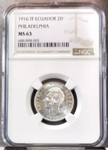 1916 ECUADOR SILVER 2 DECIMOS ANTONIO JOSE DE SUCRE NGC MS 63 BRIGHT LUSTER