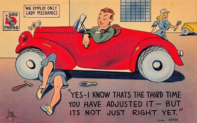 Saucy Sexy Woman Lady Female Mechanic Blue Overalls Red Car Vtg Postcard A13