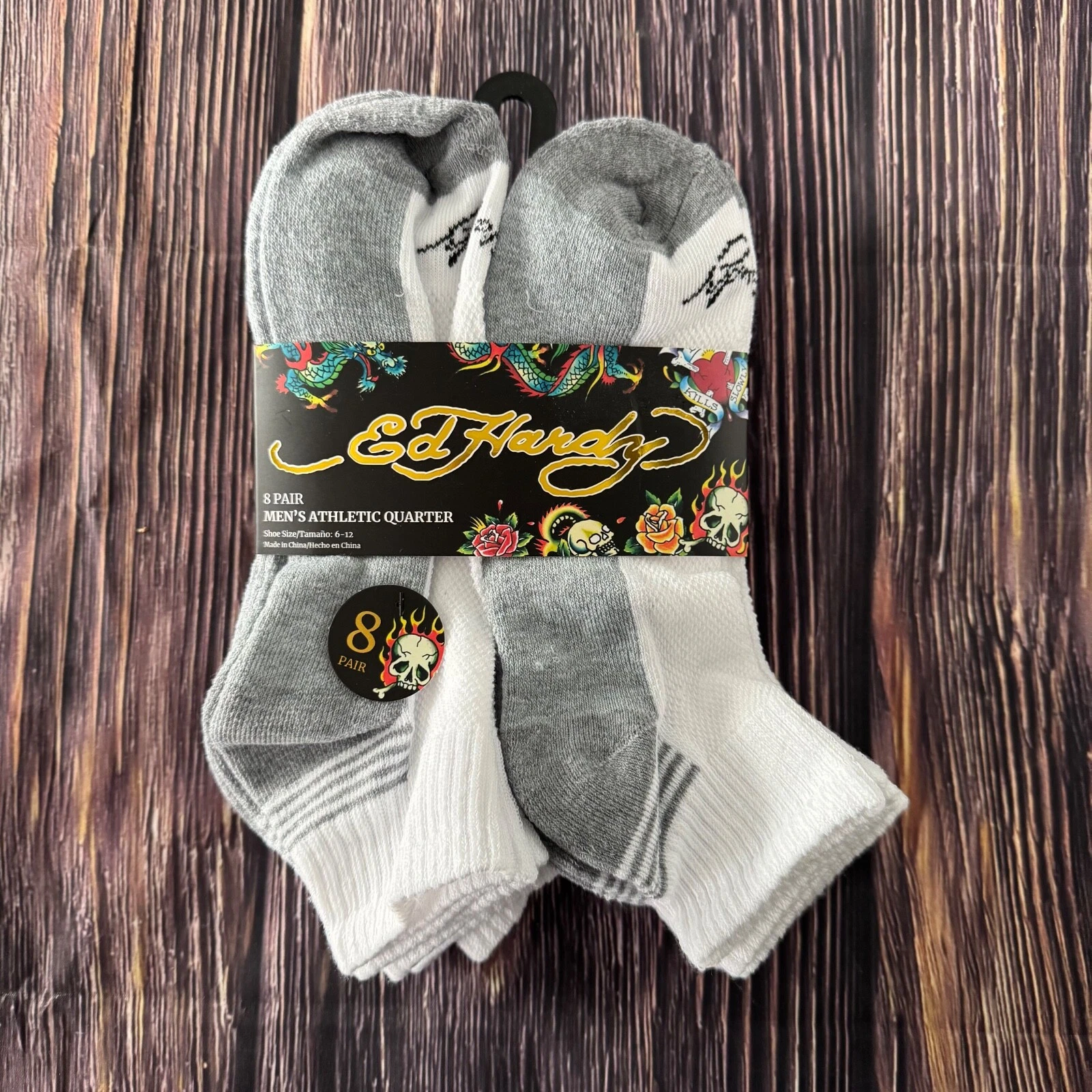 Ed Hardy Mens 8 Pair Set Athletic Quarter Ankle Socks Shoe Size 6-12 Two Tone