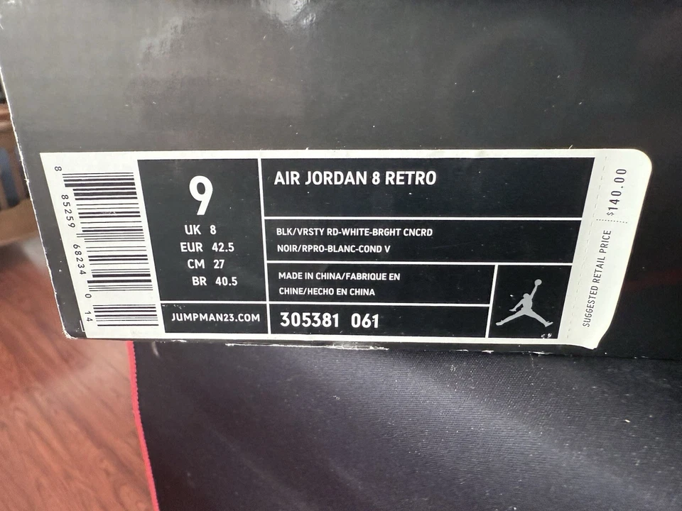 Nike Air Jordan 8 Retro 2007 Playoff Hombres Talla 9 Negro Rojo Blanco OG 305381-061 Foto 3 de 4