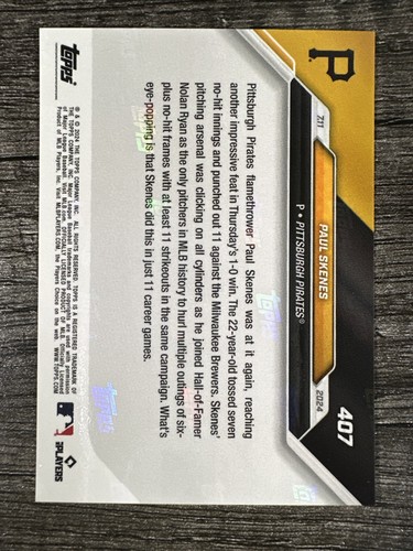 Tarjeta de novato 2024 Topps AHORA Paul Skenes #407 Pittsburgh Pirates RC SP - Imagen 2 de 2