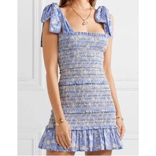 LoveShackFancy Belle Smocked Floral Mini Dress Bluejay XS Coquette Romantic