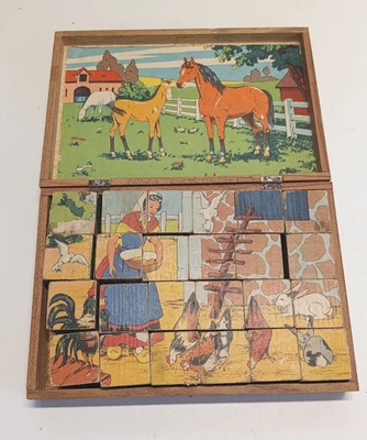 Jeu de Cubes Ancien 6 Puzzles - Thème Campagne Ferme Vache Chevaux Nature - Photo 1/4