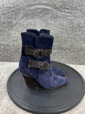 Givenchy Boots Womens 36 Eu Us Navy Suede Wedge Heel Buckle Straps Side  Zip