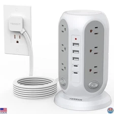 TESSAN 12-Outlet Power Strip with Individual Switches & 5 USB Ports - 10 Ft Cord
