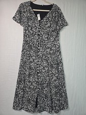 NWT Talbots Floral Button Detail Fit + Flare Dress Women's 10 Black White Flutte