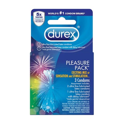 Durex Pleasure Pack 3 Count Assorted Latex Condoms Performax Intense Sensation T