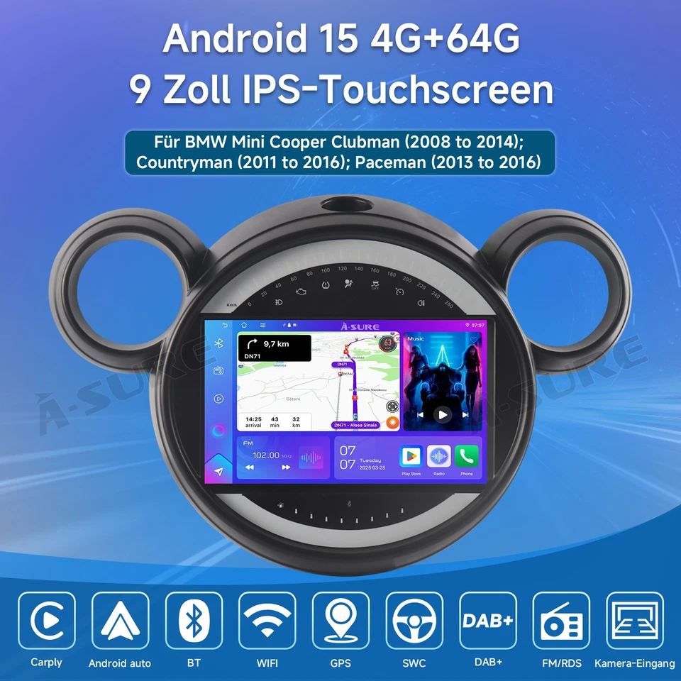 4+64GB Android 15 AutoRadio Navi CarPlay SWC Für BMW Mini Cooper R60 Countryman - Bild 2 von 4
