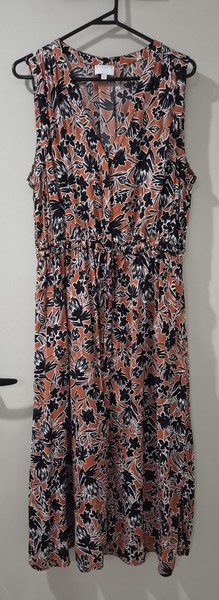 Witchery Size 14 Orange Black White Floral A-Line Midi Dress V-Neck Sleeveless