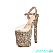 Womens Glitter Super High Stiletto Clear PVC Sandals Party Club Platform Shoes