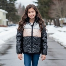 Abercrombie  Fitch Kids 11 12 Puffer Jacket Black Pink Metallic Hooded Moose