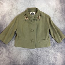 Vintage May-D F Jacket Women Small Green Beaded Floral Bow Cropped Wool Coat