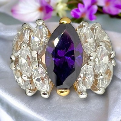 Vintage Ring Size 7 Purple & Clear Cubic Zirconia 14K Gold Plate Mid-Century 14K