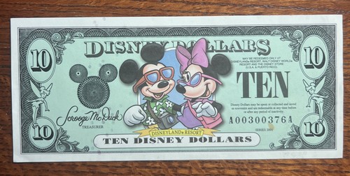 2001 Mickey & Minnie Mouse Disney Dollar $10 Ten Magic Castle Resort Crisp Bill