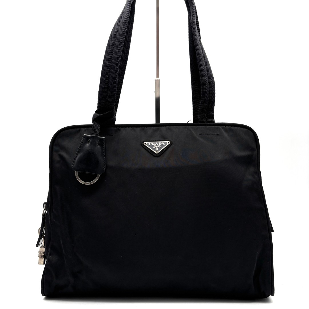 PRADA handbag tote bag triangle logo plate white tag padlock keyring zipper cl thumbnail 2