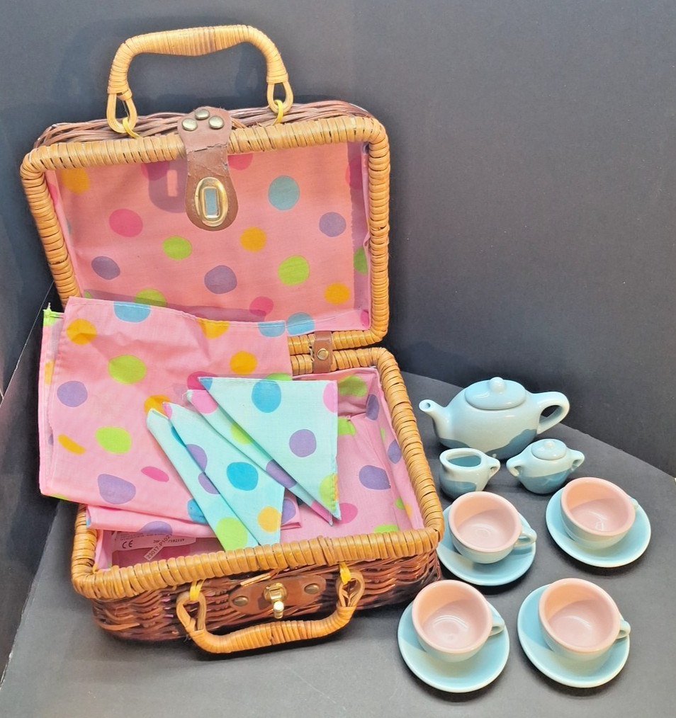 Ceramic Pretend & Play Tea Time Basket Kids Tea Set 18 Piece