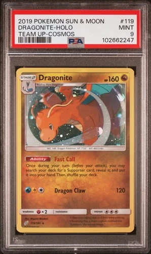 2019 Pokemon Sun & Moon Team Up #119 Dragonite-Holo Team Up-Cosmos PSA 9