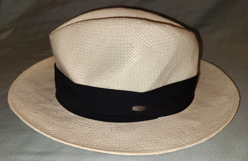 La Scala natural woven straw panama style unisex sun hat w black band, size S/M