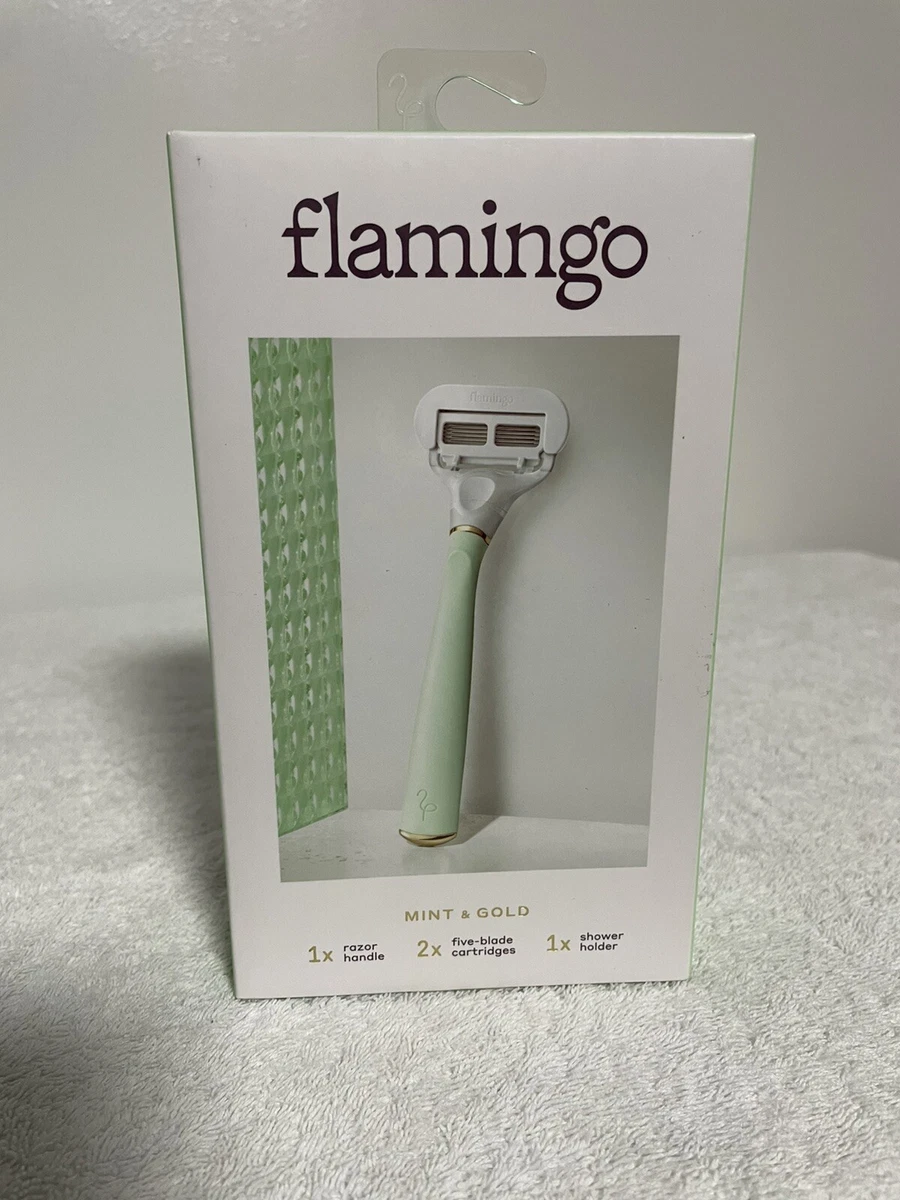 Flamingo Womens Razor Shaver Set Mint Gold 2x Cartridges Shower Holder
