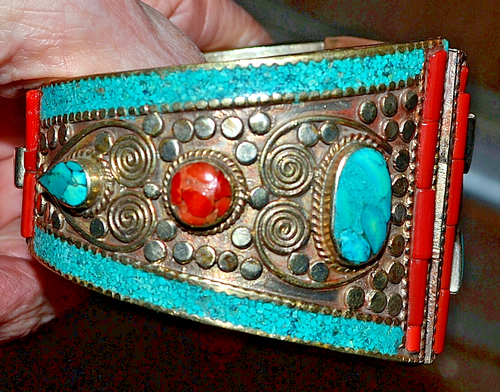 HEAVY STERLING 925 TURQUOISE CORAL CUFF BRACELET - Picture 10 of 11