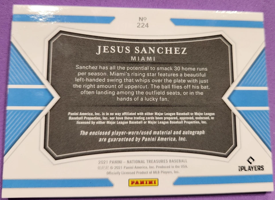 2021 National Treasures JESUS SANCHEZ 1/49 Rookie 4 color Patch Auto RPA - Image 2 of 4