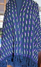 VTG HANDWOVEN SHAWL - BLACK WITH PURPLE AND GOLD/BEIGE 24 X 60 PLUS FRINGES