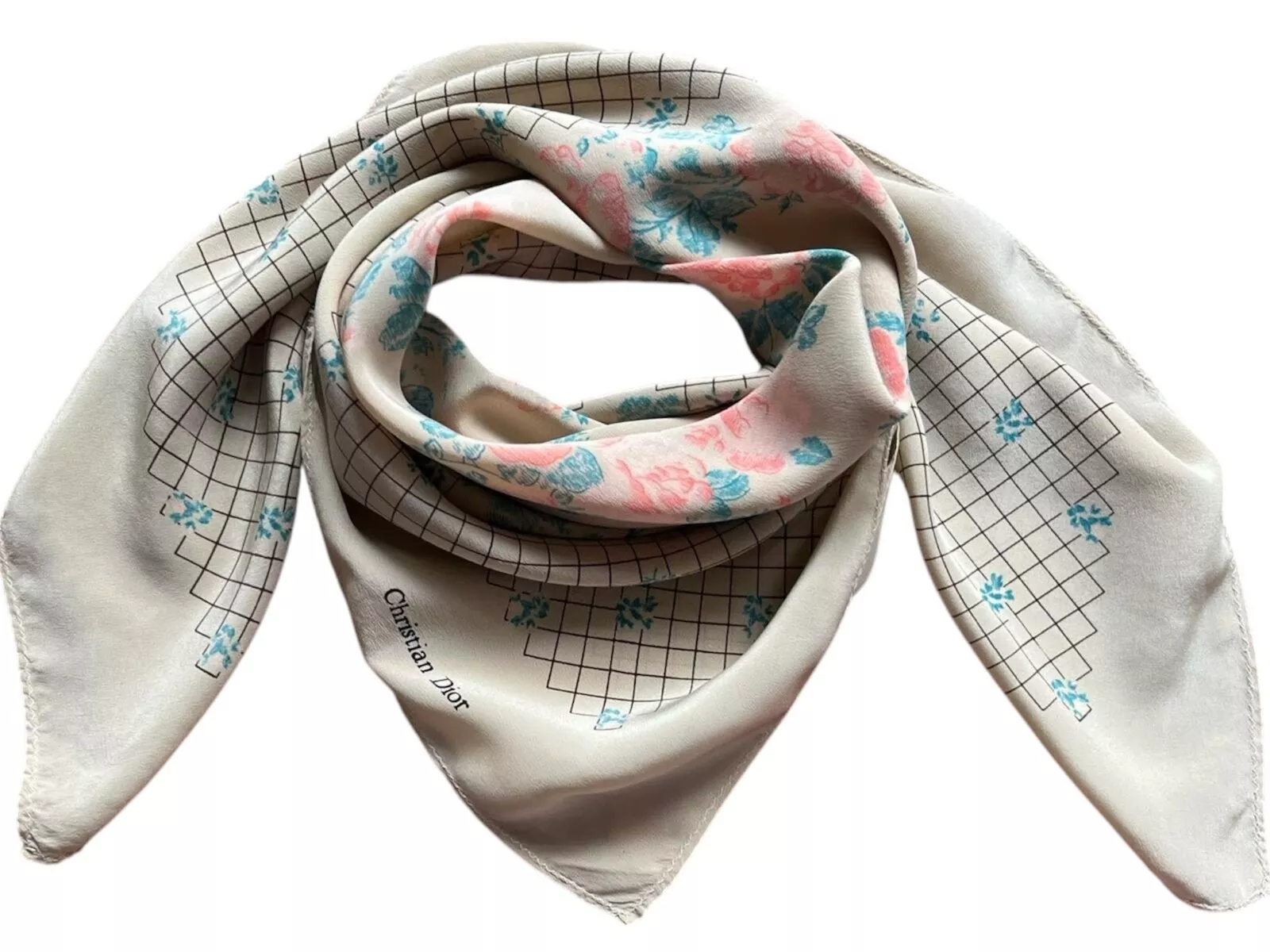 Foulard carré vintage Christian Dior en soie beige à délicats motifs roses 34