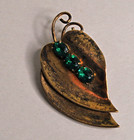 Vintage Sterling Leaf Brooch/ Pin with Emerald Rhinestones
