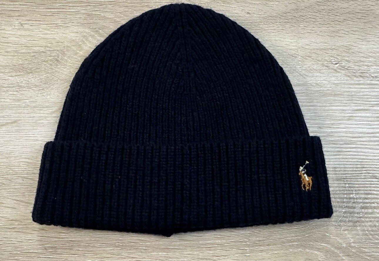 POLO RALPH LAUREN Cappello da uomo blu navy firma pony misto lana berretto lavorato a maglia