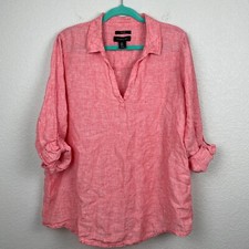 Tahari Linen Blouse Size 1X Plus Coral Faux Button Back Shirt Roll Tab Sleeves