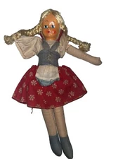 Vintage Blonde Braid Poland Sawdust Rag Doll Hand Painted Face 1 Arm