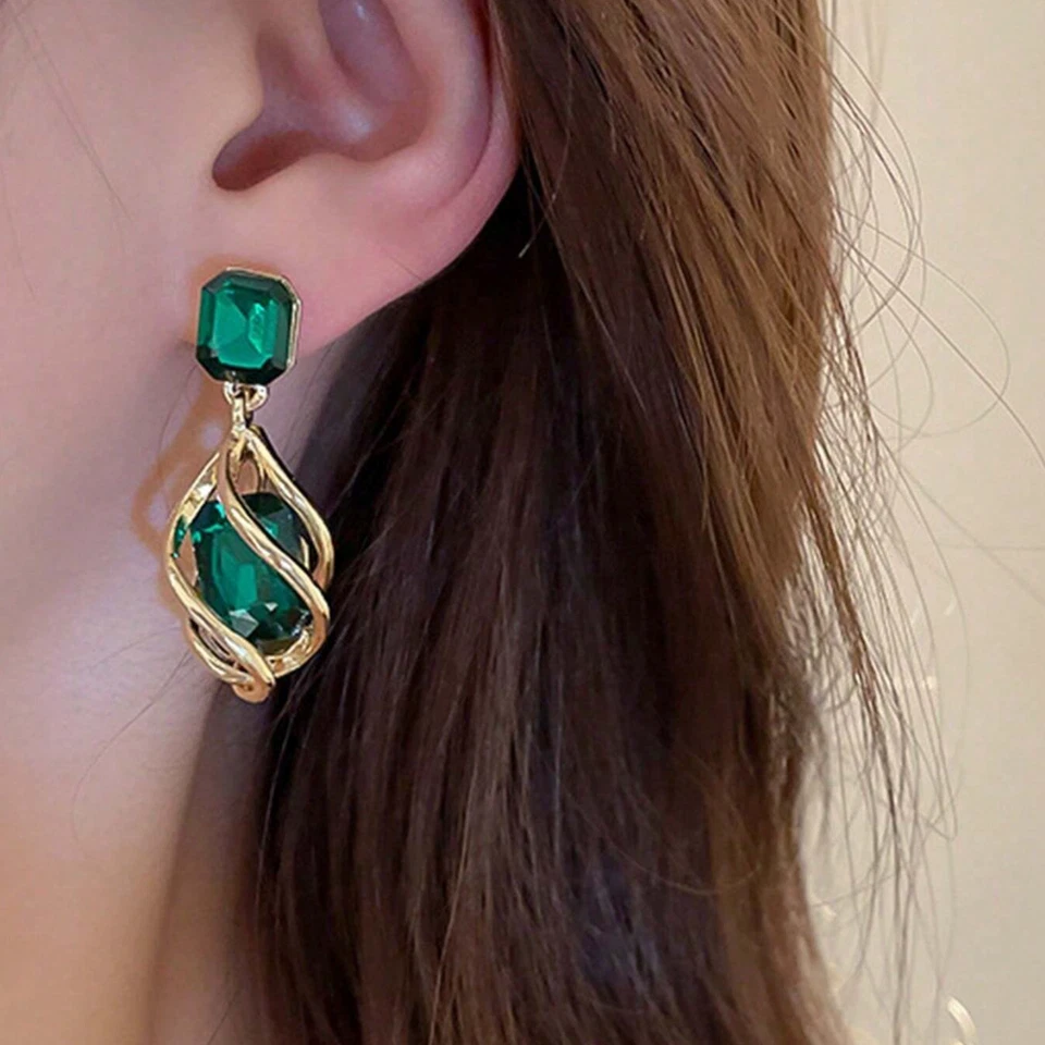 Pendientes de aro de oro para mujer verde circonita cúbica cristal gota elegante joyería de moda Foto 2 de 3