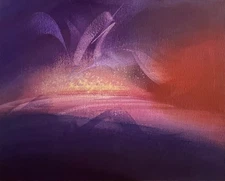 Original surrealist painting, mystical landscape, warm, 10x8 in., acrylic