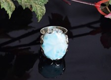 Dominican Larimar Oval Ring Natural Gemstone Heavy 925 Sterling Silver Jewelry