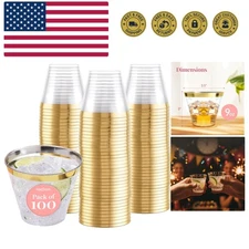 100-Pack 9oz Gold Rimmed Plastic Cups Disposable Wine Glasses for Charcuterie...