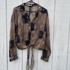 Mystree Brown Black Gold Anthro Blouse Tie Fr...