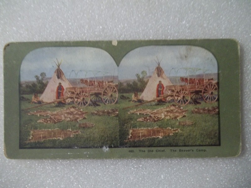 Stereo Card Native American Indians-THE OLD CHIEF.THE BEAVER'S CAMP.460. A8835