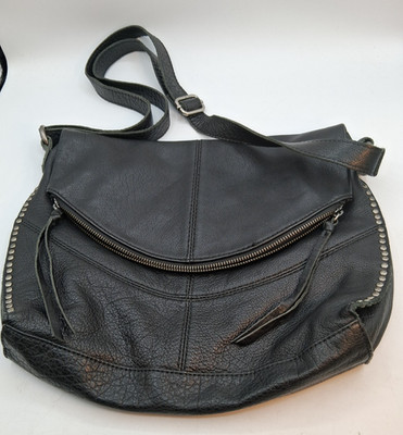THE SAK Silverlake Black Pebbled Genuine Leather Studded Crossbody Bag Biker