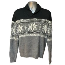Club Room Black and White Fair Isle Wool  Blend Shawl Collar Sweater Size M